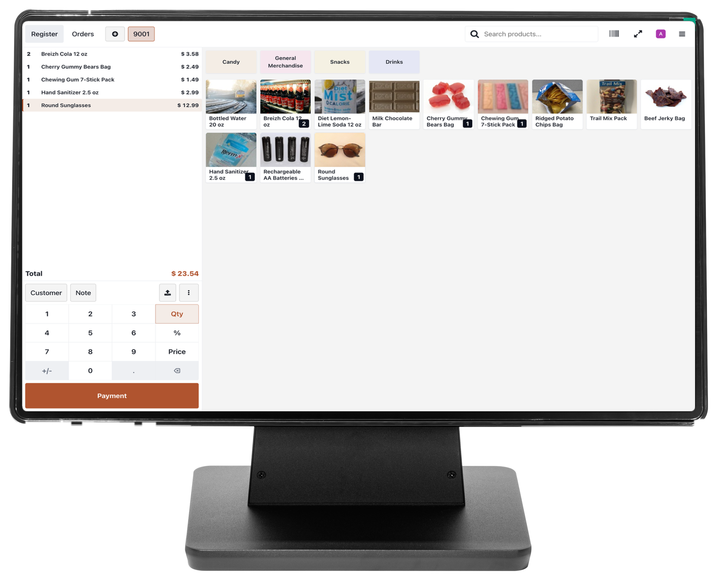 Volcora POS terminal running Cinder POS checkout