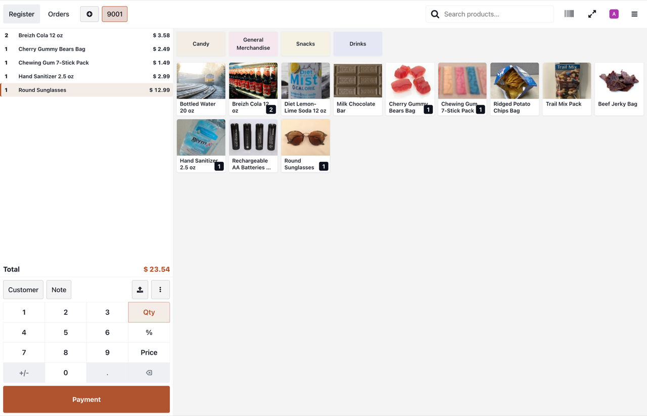 Cinder POS register showing a product grid and active order