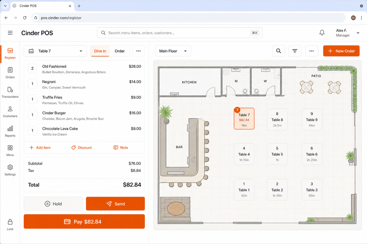 Cinder POS restaurant mode with table service and open tabs