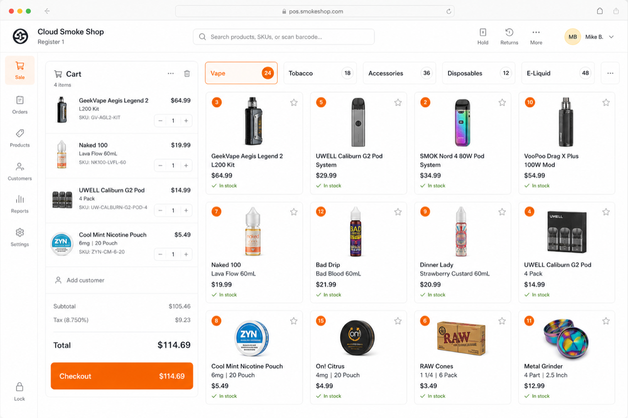 Cinder POS specialty catalog screen for vape and smoke shops